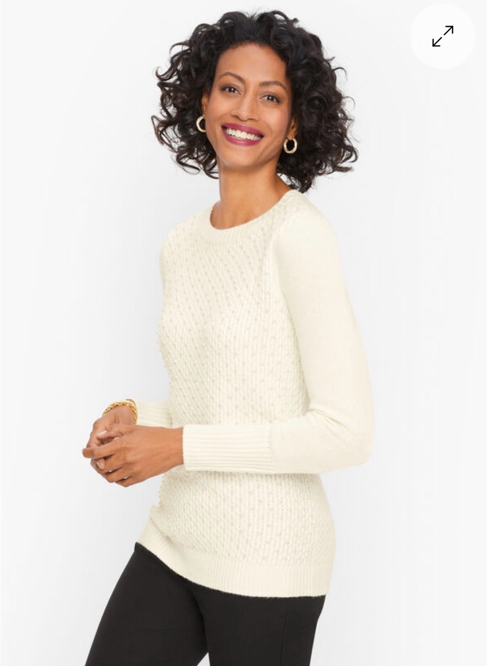 Talbots Cream Pearl Embellished Crewneck Sweater, Size Large